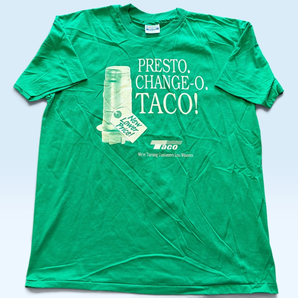 Vintage Hanes Shirt Mens XL Green Presto Change-O Taco Ad Tee T-Shirt USA